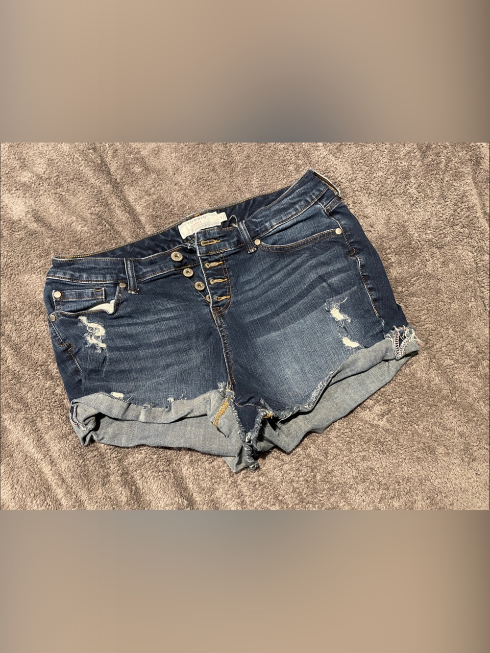 TORRID Womens Dark Blue Distressed Roll-Hem Denim Shorts